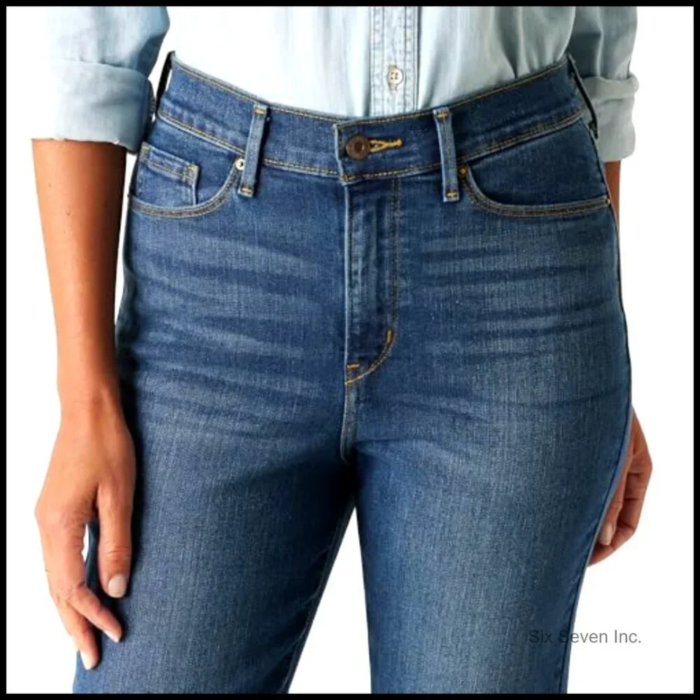 High-Rise Straight Jeans Shaping Tummy Panel Wide Leg Classic Denim